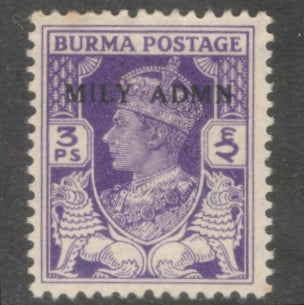 Burma 1938 3 Pie Light Violet King George VI Stamp - Perfin:13.5x14.0