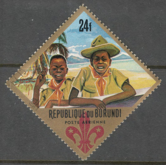 Burundi 1967 24 Franc Multicoloured 60th Anniversary of Scout Movement and World Scout Jamboree Idaho USA Airmail Stamp - Perfin: 13.5
