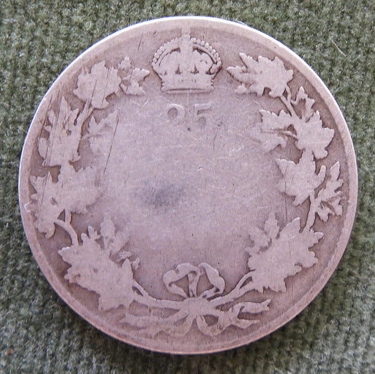 Canada 1911 - 1936 25 Cent Silver Coin - Heavily Worn