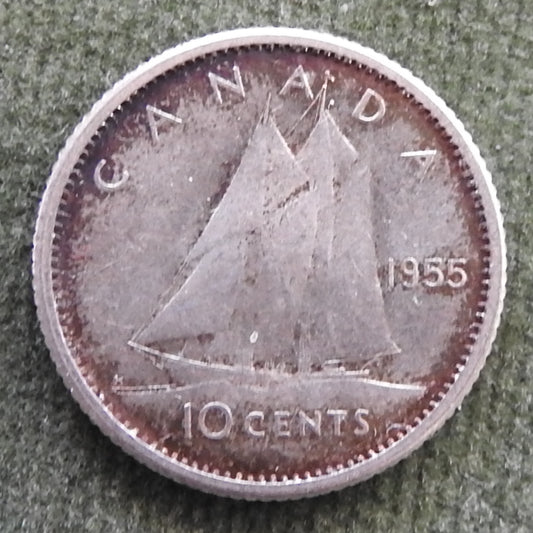 Canada 1955 10 Cent Bluenose Under Sail Queen Elizabeth II Silver Coin