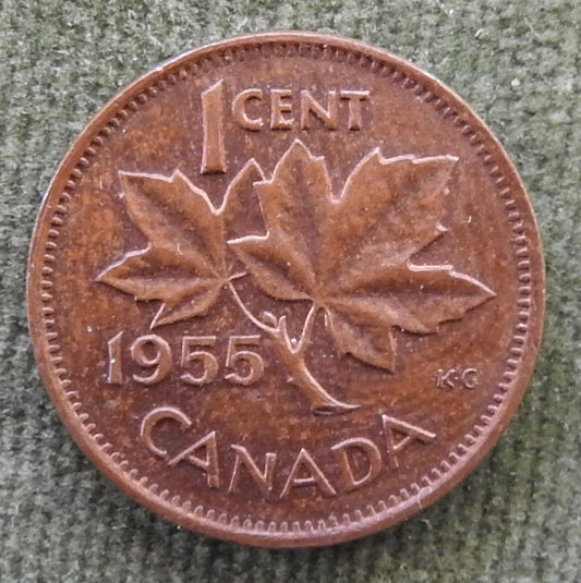 Canada 1955 1 Cent Maple Leaf Queen Elizabeth II Coin