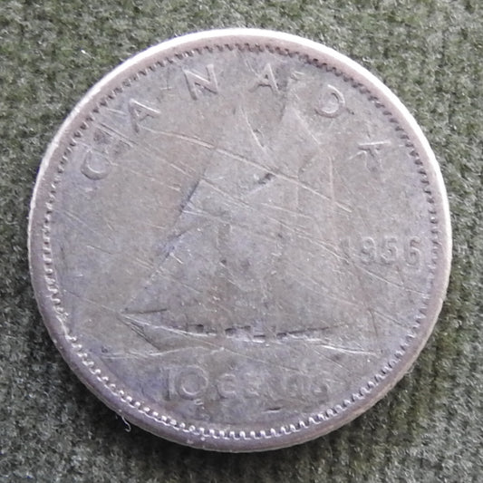 Canada 1956 10 Cent Bluenose Under Sail Queen Elizabeth II Silver Coin