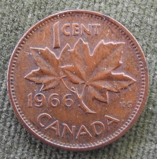 Canada 1966 1 Cent Maple Leaf Queen Elizabeth II Coin