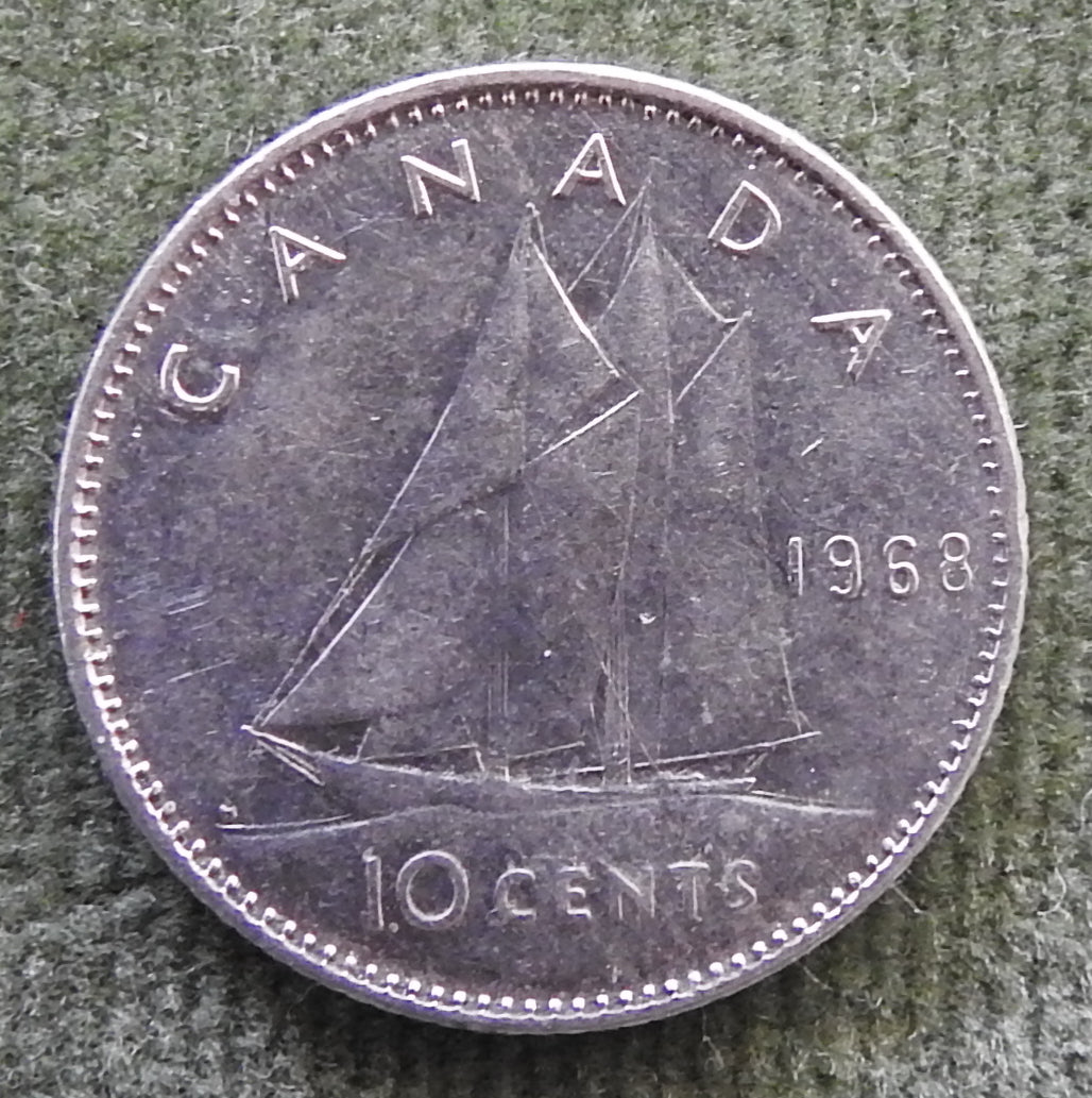 Canada 1968 10 Cent Coin Queen Elizabeth II Bluenose Under Sail