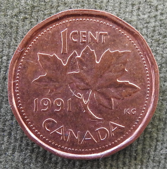 Canada 1991 1 Cent Maple Leaf Queen Elizabeth II Coin
