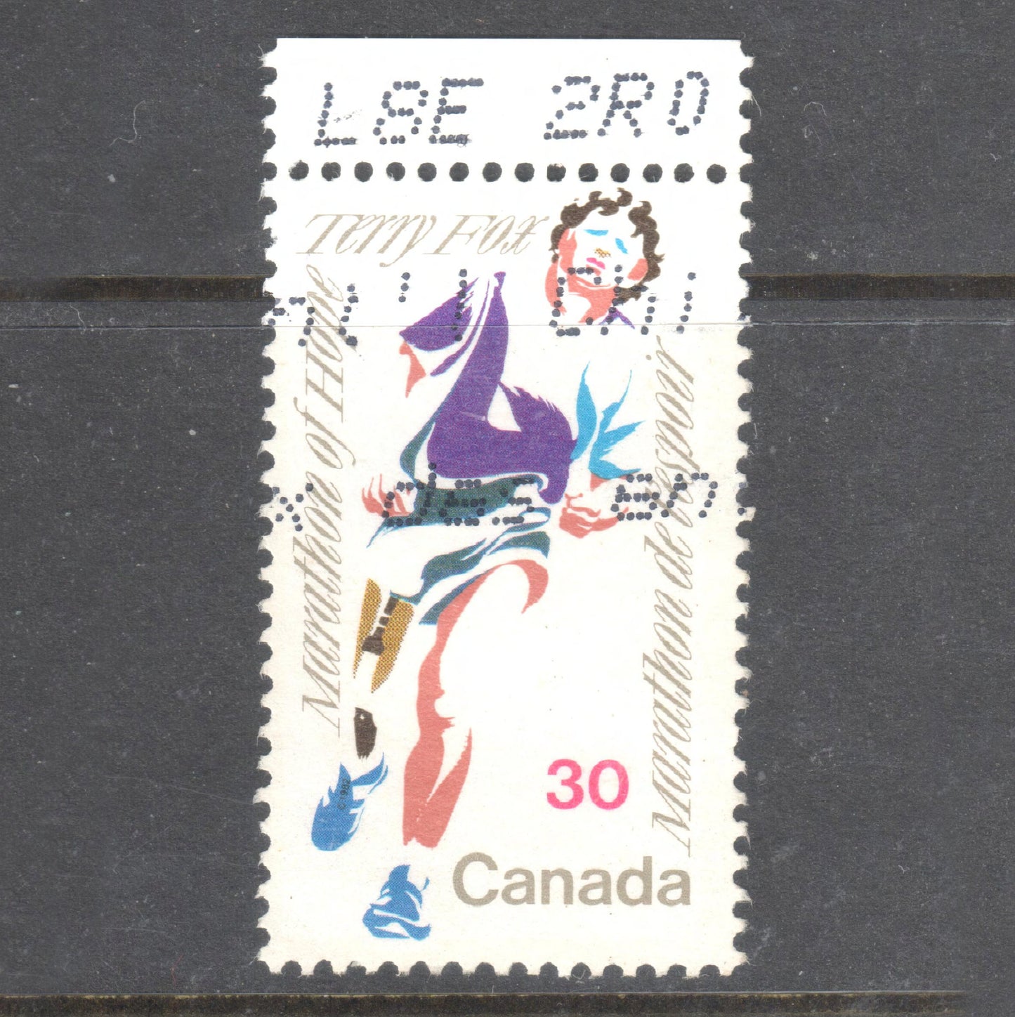 Canada 1982 30 Cent Multicoloured Cancer Victim Terry Fox's "Marathon of Hope" Stamp - Perfin:12.5