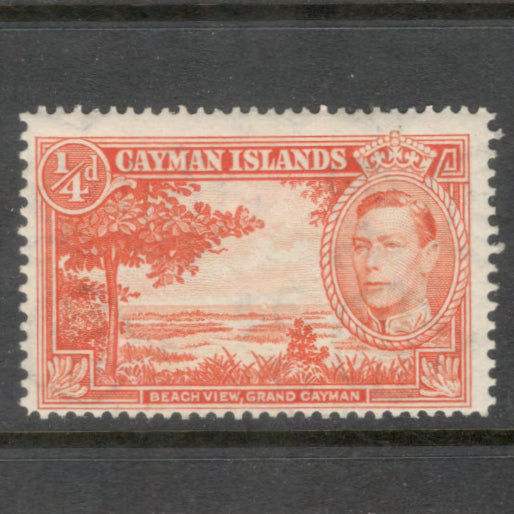 Cayman Islands 1938 1/4d Reddish Orange King George VI & Local Motifs Stamp - Perfin 13.5x12.50