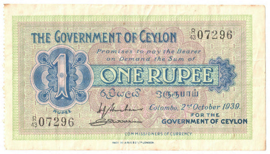 Ceylon 1939 1 Rupee Booklet Banknote s/n R/43 07296 - Grades as Very Fine