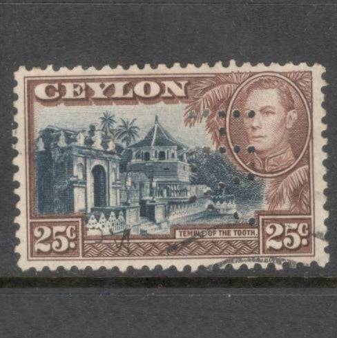 Ceylon 1938 - 1949 25 Cent Lilac Brown / Dark Blue King George VI Local Motives Stamp - Perfin: 11.5x11.0