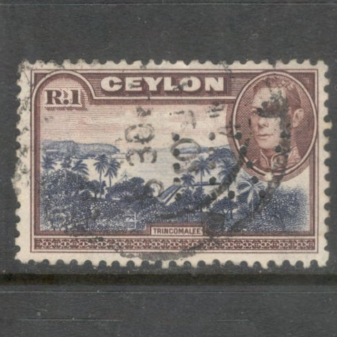 Ceylon 1938 - 1949 1 Rupee Lilac Brown / Violet Blue King George VI Local Motives Stamp - Perfin: 11.5x11.0