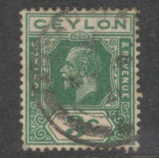 Ceylon 1921 - 1927 3 Cent Green King George V Stamp - Perfin: 14.0