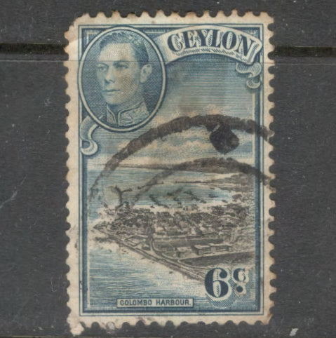 Ceylon 1938 - 1949 6c Blue / Black King George V Local Motives Stamp - Perfin: 11.5x11.0
