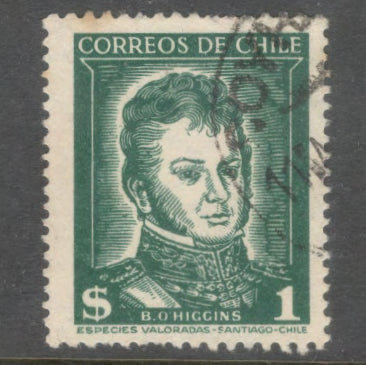 Chile 1952 - 1953 1 Peso Green Bernardo O'Higgins Stamp - Perfin: 13.5x14.0