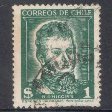 Chile 1952 - 1953 1 Peso Green Bernardo O'Higgins Stamp - Perfin: 13.5x14.0