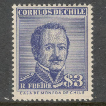 Chile 1956 3 Peso Violet Blue General R. Freire Stamp - Perfin: 14.0x14.5