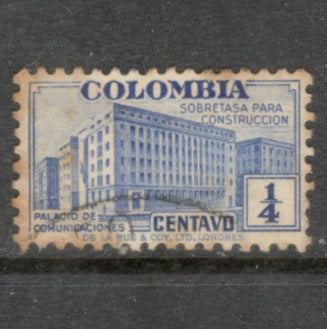 Columbia 1940 1/4 Centavo Ultramarine Ministry of Posts and Telegraphs Stamp - Perfin: 12.75x13.25