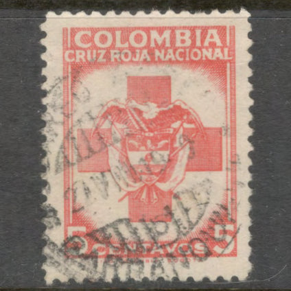 Columbia 1948 5 Centavos Red, Red Cross Stamp - Perfin: 11.0