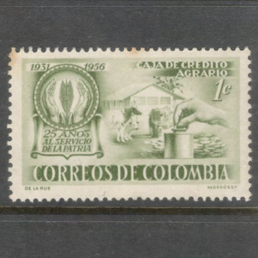 Columbia 1957 1 Centavo Olive 25th Anniversary of Agricultural Credit Bank Stamp - Perfin: 14.0x13.5