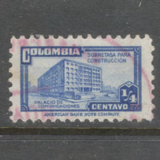Columbia 1945 1/4 Centavo Ultramarine Ministry of Posts and Telegraphs Stamp - Perfin: 12.0