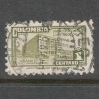 Columbia 1945 1 Centavo Olive Green Ministry of Posts and Telegraphs Stamp - Perfin: 12.0