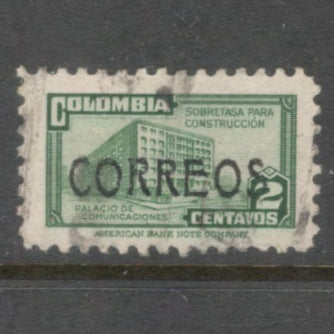 Columbia 1945 2 Centavos Dark Green Ministry of Posts and Telegraphs Stamp Overprinted CORREOS - Perfin: 12.0