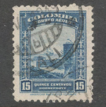 Columbia 1948 15 Centavos Blue Airmail Local Motifs Stamp - Perfin: 12.0