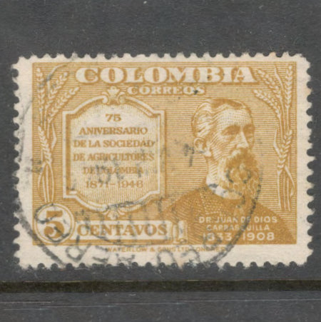 Columbia 1949 5 Centavos Yellowish Orange 75th Anniversary of National Agricultural Society Stamp - Perfin: 12.5