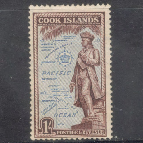 Cook Islands 1949 1/- 1 Shilling Brown / Light Blue Local Motives Stamp - Perfin: 13.5x13.0