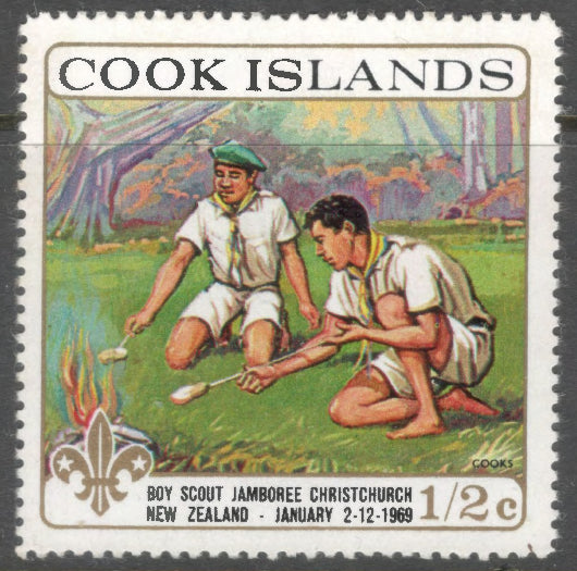 Cook Islands 1969 1/2d Multicoloured Diamond Jubilee of New Zealand Scout Movement and the 5th National (New Zealand) Jamboree Stamp - Perfin: 13.5