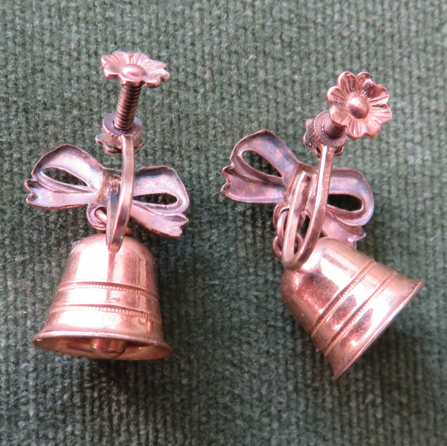Plated Gold Screw Earrings With An Articulating Bell Hung From A Bow