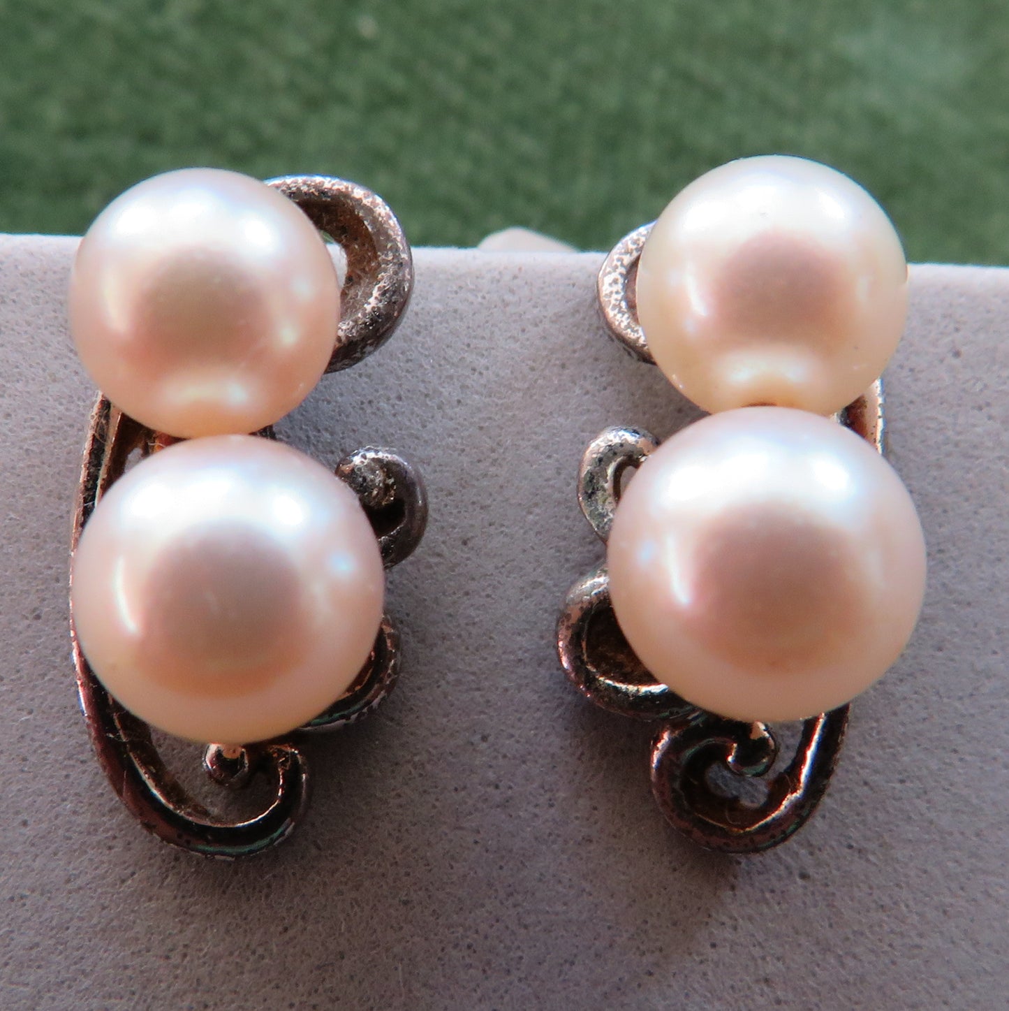 Unmarked Silver Double Pearl Set Screw Earrings