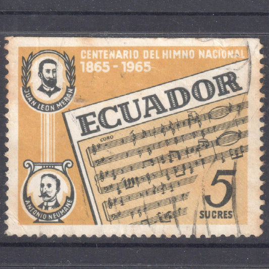 Ecuador 5 Sucres Multicoloured Green 100th Anniversary of The National Anthem Stamp - Perfin:13.5