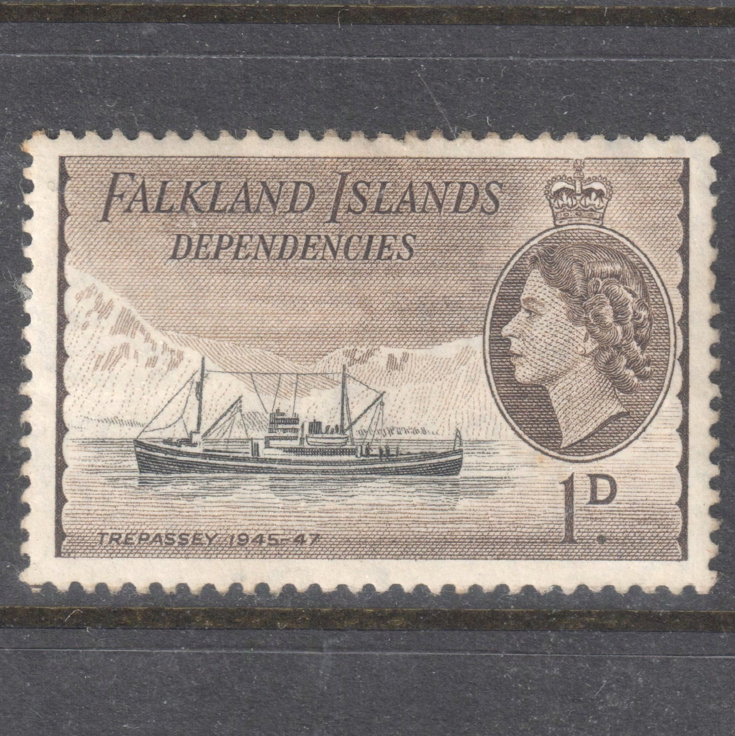 Falkland Islands Dependencies 1954 1 Penny Brown/Black Ships Trepassey 1945 - 47 Stamp - Perf:12.5