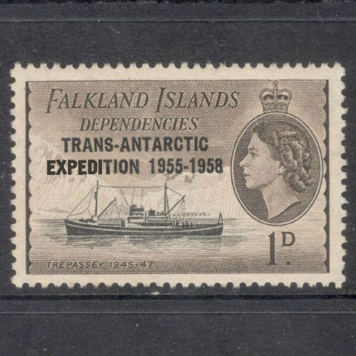 Falkland Islands Dependencies 1955 1d 1 Penny Brown / Black Ships Transatlantic Antarctic Expedition Stamp - Perfin: 13.0x12.5