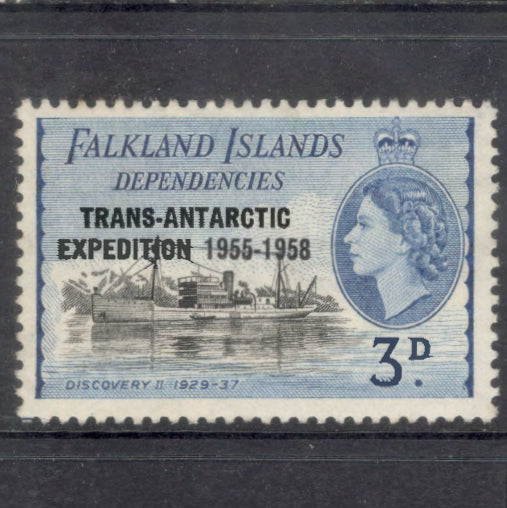 Falkland Islands Dependencies 1955 3d 3 Pence Blue / Black Ships Transatlantic Antarctic Expedition Stamp - Perfin: 13.0x12.5