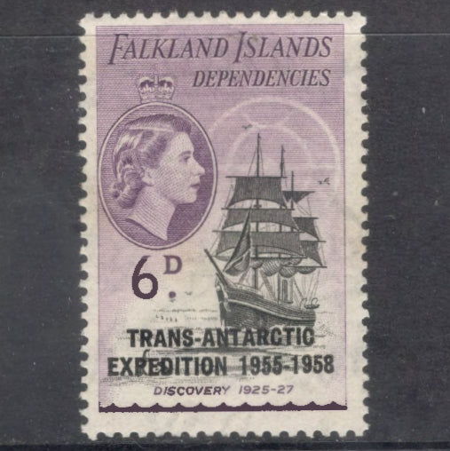 Falkland Islands Dependencies 1955 6d 6 Pence Violet / Black Ships Transatlantic Antarctic Expedition Stamp - Perfin: 13.0x12.5
