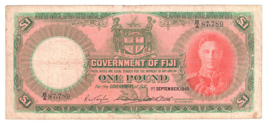 Fiji 1948 1 Pound Banknote s/n - Grades as Fine