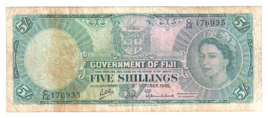 Fiji 1965 5 Shilling Banknote s/n C/14 176935 - Grades as Fine