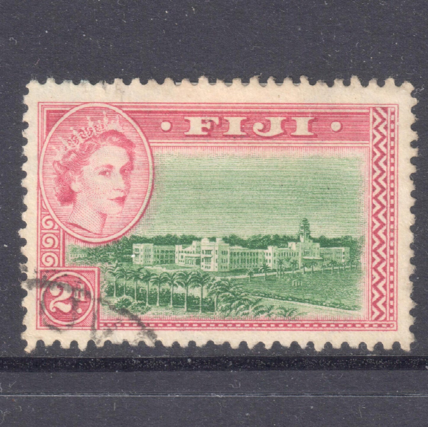 Fiji 1954 2d Purple Red/Green Queen Elizabeth II Stamp - Cancelled