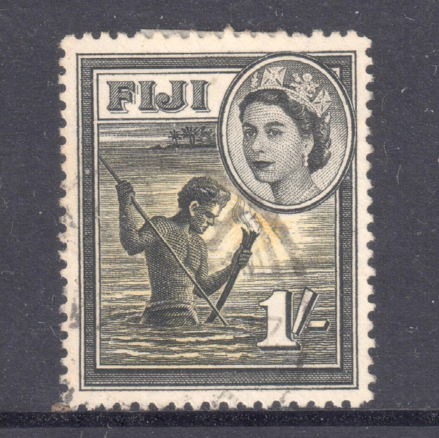 Fiji 1954 - 56 1 Shilling 1/- Black/Yellow Queen Elizabeth II Stamp - Cancelled