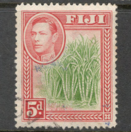 Fiji 1938 - 1950 5d Red / Yellowish Green King George VI Local Motifs Stamp - Perfin: 12.5 (Variety)