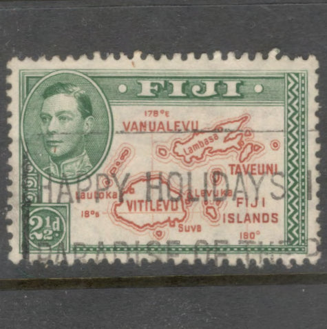 Fiji 1938 - 1950 2 1/2d Green / Brown King George VI Local Motifs Stamp - Perfin: 12.0