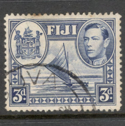 Fiji 1938 - 1950 3d Blue King George VI Local Motifs Stamp - Perfin: 12.5