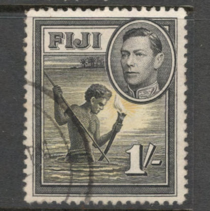 Fiji 1938 - 1950 1/- 1 Shilling Black / Yellow King George VI Local Motifs Stamp - Perfin: 12.5