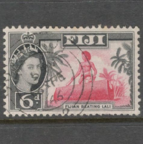 Fiji 1959 6d Black / Carmine Queen Elizabeth II Local Motifs Stamp - Perfin: 11.5