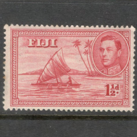 Fiji 1942 1 1/2d Dark Carmine King George VI Local Motifs Stamp - Perfin: 13.5