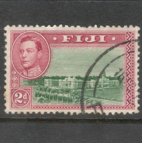 Fiji 1938 - 1950 2d Lilac / Green King George VI Local Motifs Stamp - Perfin: 12.0