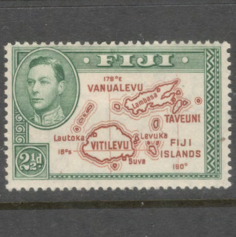 Fiji 1938 - 1950 2 1/2d Green / Brown King George VI Local Motifs Stamp - Perfin: 13.5