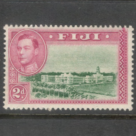 Fiji 1938 - 1950 2d Lilac / Green King George VI Local Motifs Stamp - Perfin: 13.5