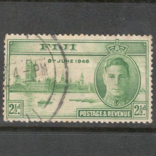 Fiji 1946 2 1/2d Green King George V Victory End of World War II Stamp - Perfin: 13.5x14.0